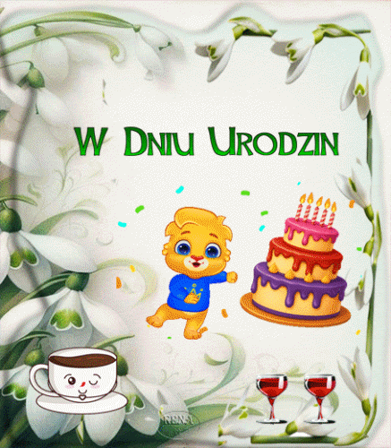 Urodzinowy mi�, kolorowy tort, napisy W Dniu Urodzin i wiosenne kwiaty przebi�niegi wok�