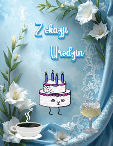 Niebieskie t�o, tort urodzinowy ze �wieczkami, napis Z okazji Urodzin, bia�e kwiaty, kawa i kieliszek szampana