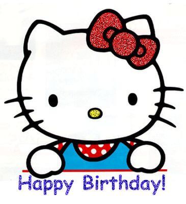 Kotka Hello Kitty w niebieskiej bluzce z czerwoną kokardą i napisem Happy Birthday