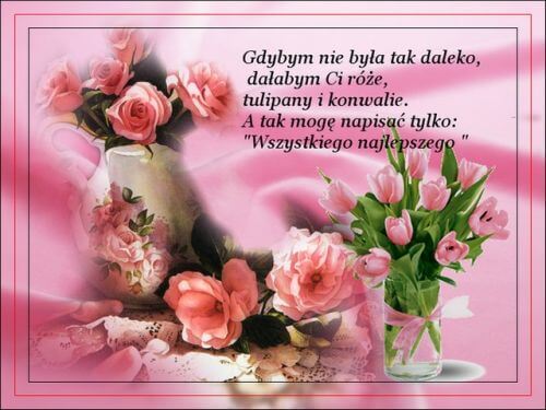 R�owe t�o, wazon z r�ami, bukiet tulipan�w w szkle oraz �yczenia urodzinowe z napisem Wszystkiego najlepszego