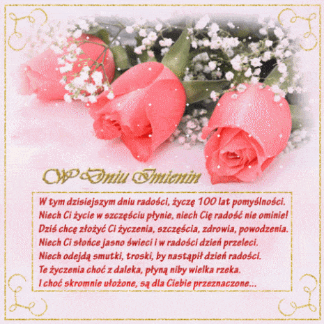 R�owe tulipany, bia�a gips�wka, z�oty napis W Dniu Imienin oraz rymowane �yczenia w ramce