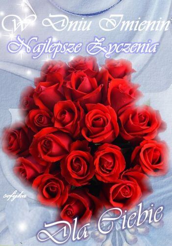 Bukiety czerwonych r� na jasnym tle z napisem W Dniu Imienin Najlepsze �yczenia Dla Ciebie