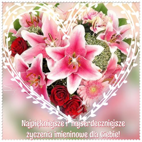 Bukiety r�owych lilii i czerwonych r� w bia�ej ramce serca z �yczeniami imieninowymi