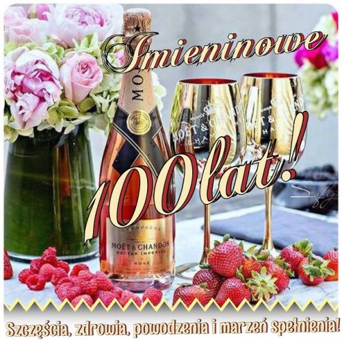 Butelka r�owego szampana Mo�t & Chandon, dwa z�ote kieliszki, truskawki, maliny, r�owe piwonie i napisy imieninowe