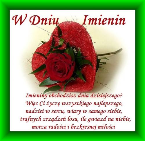 Czerwona r�a w wiklinowym sercu z �yczeniami imieninowymi w zielonej ramce