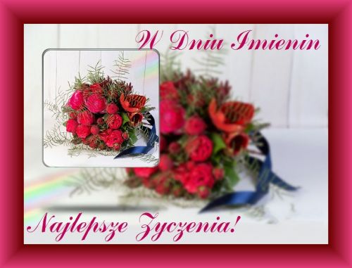 Bukiet czerwonych kwiat�w z niebiesk� wst��k� oraz napisy W Dniu Imienin i Najlepsze �yczenia
