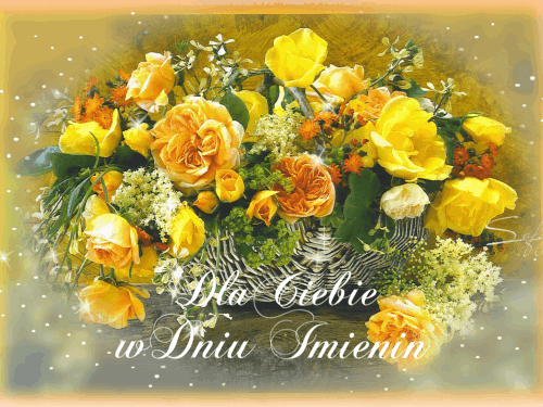 Bukiet ��tych r� w wiklinowym koszu z napisem Dla Ciebie w Dniu Imienin