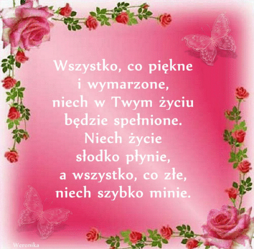 Różowe tło z różami, motylami i życzeniami o pięknym i wymarzonym życiu