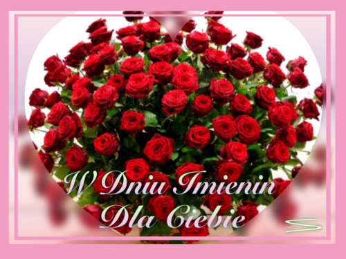Du�y bukiet czerwonych r� w kszta�cie serca z napisem W Dniu Imienin Dla Ciebie