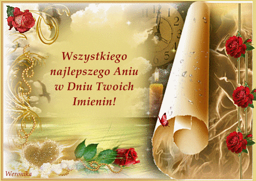 Życzenia imieninowe dla Aniu z czerwonymi różami, zwojem papieru, zegarem i złotymi dekoracjami