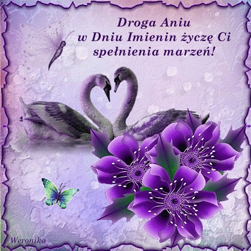 Dwa fioletowe łabędzie tworzące kształt serca, kwiaty i napis Droga Aniu w Dniu Imienin