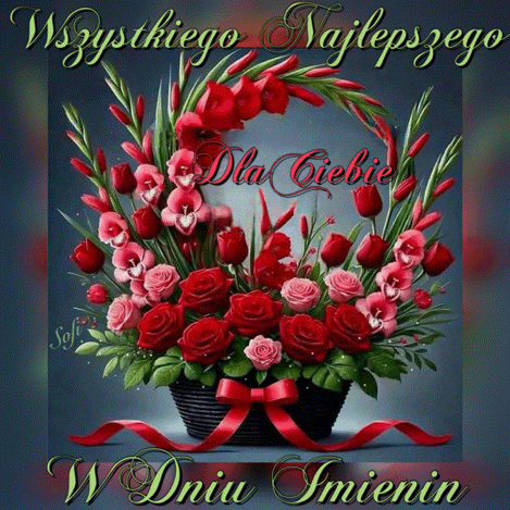 Elegancki kosz z czerwonymi r�ami i mieczykami, ozdobiony czerwon� wst��k� oraz napisami �yczeniowymi