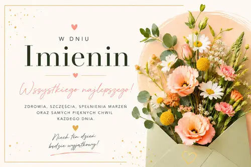 Bukiet kolorowych kwiat�w w kopercie z �yczeniami W Dniu Imienin i z�otymi serduszkami