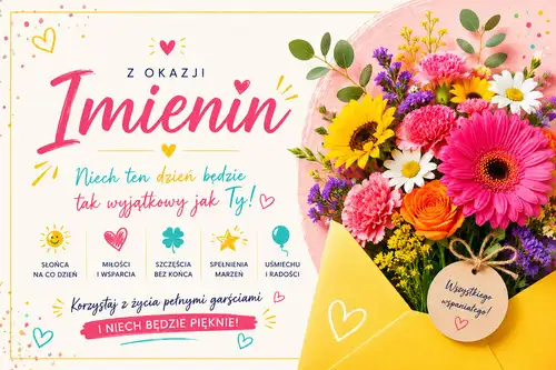 Bukiet kolorowych kwiat�w, napisy z �yczeniami imieninowymi, serduszka i ikony na kremowym tle