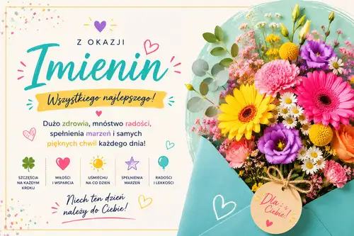 �yczenia imieninowe z kolorowym bukietem kwiat�w w niebieskiej kopercie i napisami Wszystkiego najlepszego