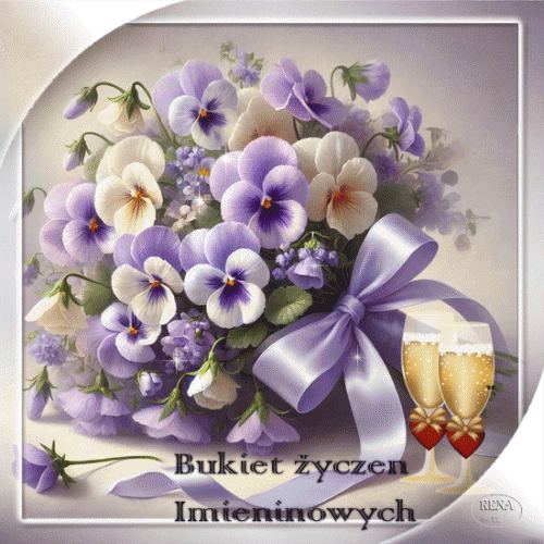 Bukiet fioletowo-bia�ych bratk�w przewi�zany wst��k�, dwie kieliszki szampana i napis Bukiet �ycze� Imineninowych