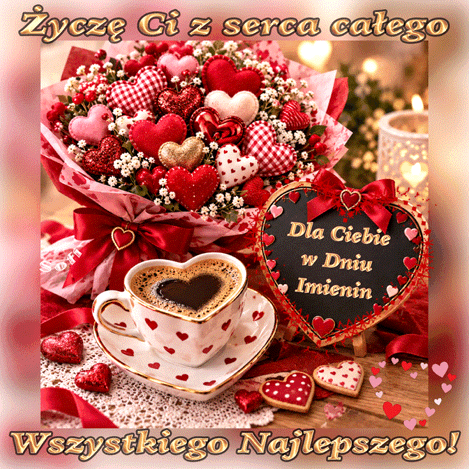 Bukiet serc, fili�anka kawy z piank� w kszta�cie serca, napisy �ycze� na imieniny