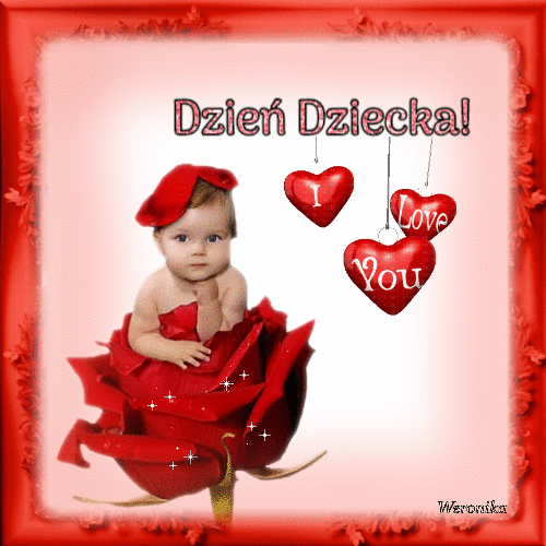 Napis Dzie� Dziecka, siedz�ce w czerwonej r�y ma�e dziecko w berecie oraz wisz�ce serca z napisem I Love You