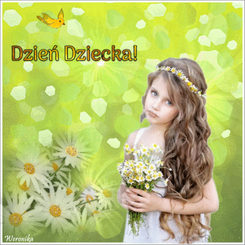 Dziewczynka w wianku z margaretek trzyma bukiet kwiat�w na tle zieleni z napisem Dzie� Dziecka