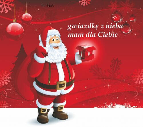 Miko�aj trzyma �wiec�cy prezent na czerwonym tle z napisem gwiazdk� z nieba mam dla Ciebie