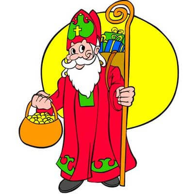 �wi�ty Miko�aj w czerwonym stroju z pastora�em, trzymaj�cy koszyk pe�en prezent�w