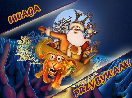 �wi�ty Miko�aj i renifer z zakr�conymi rogami lec� na tle niebieskiego nieba