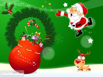 Rysunkowy �wi�ty Miko�aj z zielonym wiankiem i workiem prezent�w