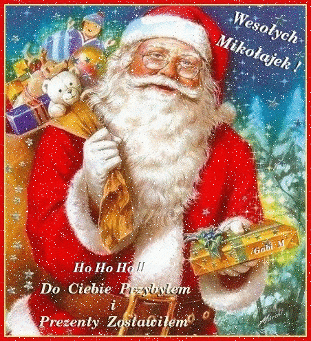 �wi�ty Miko�aj z workiem prezent�w i napisem Weso�ych Miko�ajek na tle zimowej nocy