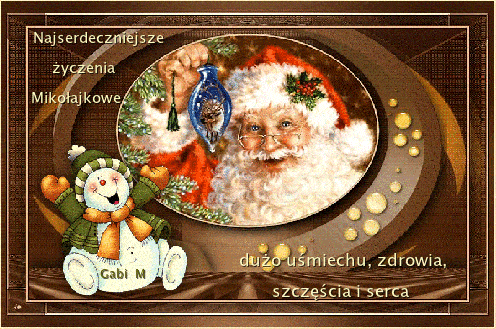 �wi�ty Miko�aj z bombk�, u�miechni�ty ba�wan oraz �yczenia miko�ajkowe na br�zowym tle