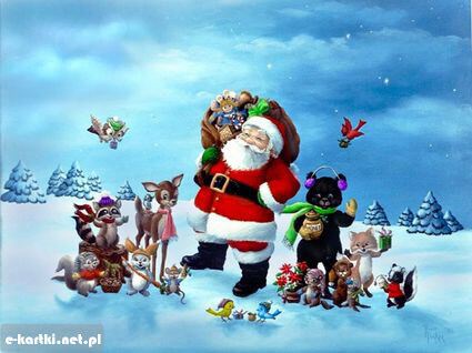 �wi�ty Miko�aj z workiem prezent�w w towarzystwie le�nych zwierz�t na �niegu