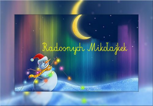 Ba�wan w czapce Miko�aja z lampkami, ksi�yc, zorza polarna i napis Radosnych Miko�ajek