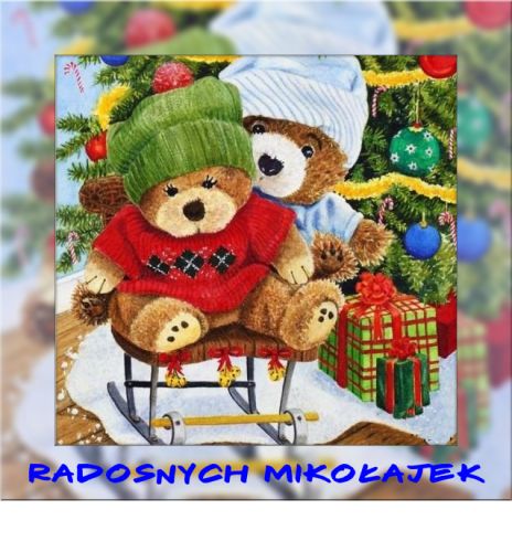 Dwa pluszowe misie w czapkach Miko�aja siedz�ce przy prezentach