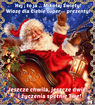 U�miechni�ty �wi�ty Miko�aj w saniach z latarni�, otoczony �wi�tecznymi napisami i dekoracyjn� ramk�