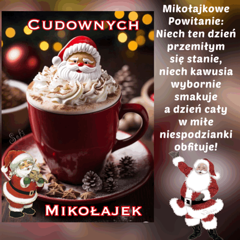Apetyczna fili�anka gor�cej czekolady z bit� �mietan�, posypk� i s�odko�ciami z napisem Cudownych Miko�ajek