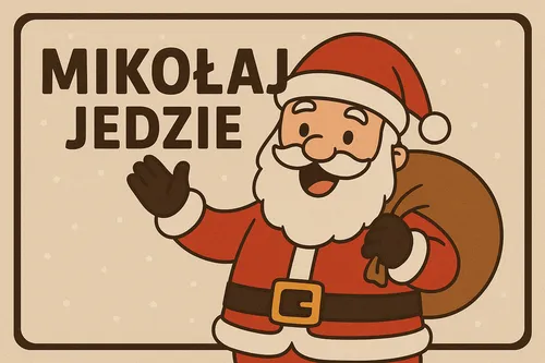 �wi�ty Miko�aj macha r�k� na tle br�zowego szyldu z napisem w stylu retro