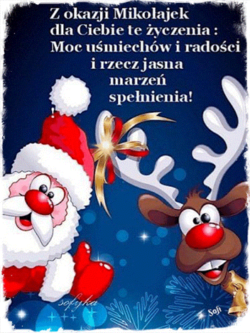 �wi�teczna kartka z radosnym Miko�ajem, reniferem i �yczeniami z okazji Miko�ajek na niebieskim tle
