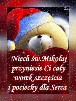 Pluszowy mi� w miko�ajowej czapce spogl�da w stron� napis�w z �yczeniami