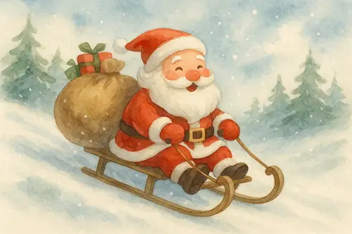 �wi�ty Miko�aj ci�gnie za sob� sanie pe�ne paczek na za�nie�onym tle