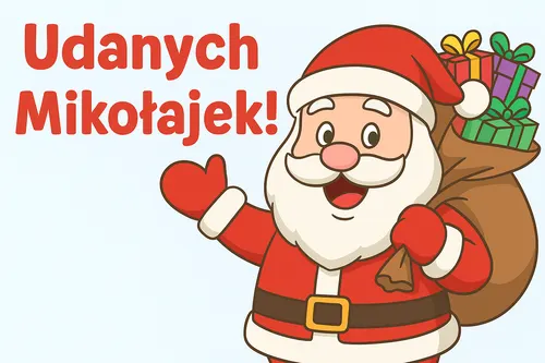 U�miechni�ty �wi�ty Miko�aj trzyma worek pod napisem z �yczeniami miko�ajkowymi