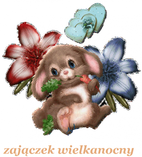 Br�zowy zaj�czek z marchewk� siedzi w�r�d kolorowych kwiat�w, nad nim b��kitne serca i napisy