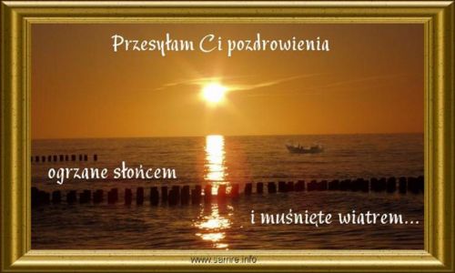 Zach�d s�o�ca nad morzem z falochronami, ��dk� i napisem Przesy�am Ci pozdrowienia w z�otej ramce