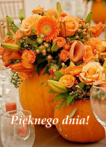 Bukiety pomara�czowych kwiat�w w dyniach na stole z kieliszkami i napisem Pi�knego dnia