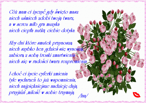 Bukiet r� z �yczeniami urodzinowymi w formie wiersza i dekoracyjn� r�ow� ramk�