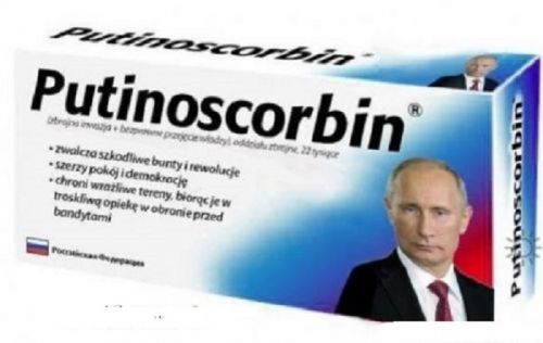 Pude�ko leku Putinoscorbin z wizerunkiem W�adimira Putina i satyrycznymi napisami w j�zyku polskim