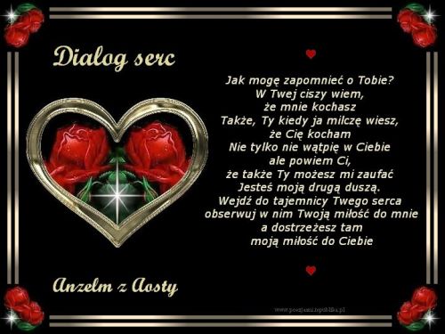 Czarne t�o z czerwonymi r�ami, z�otym sercem, wierszem o mi�o�ci oraz podpisem Anzelm z Aosty
