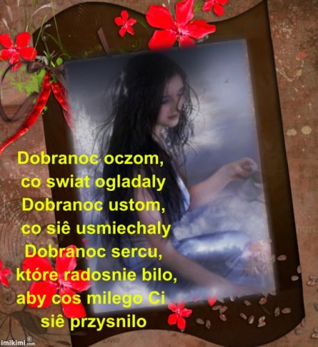 M�oda brunetka, czerwone kwiaty i ��ty napis Dobranoc oczom co �wiat ogl�da�y