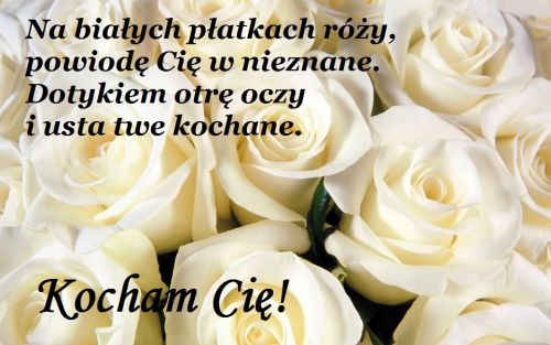 Bukiet bia�ych r� z romantycznym wierszem i czarnym napisem Kocham Ci�