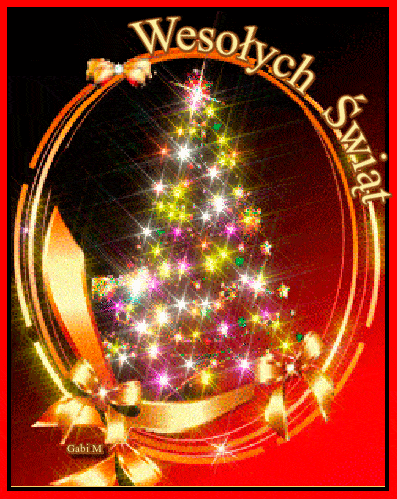 B�yszcz�ca choinka w owalnej, z�otej ramie z kokardami i napisem Weso�ych �wi�t