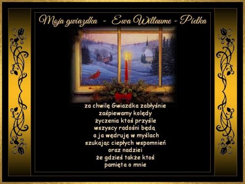 Zimowy widok za oknem, czerwona �wieca, stroik i bo�onarodzeniowy wiersz na czarnym tle
