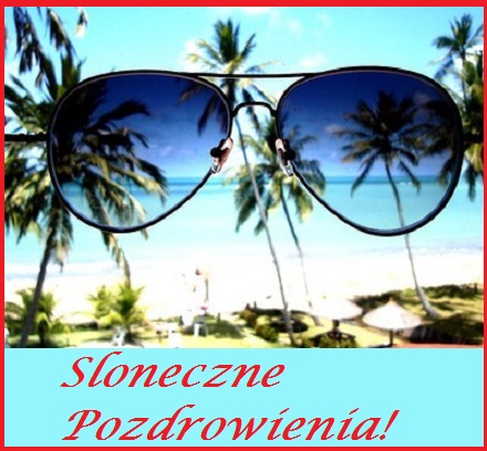 Okulary przeciws�oneczne na tle pla�y z palmami i napisem S�oneczne Pozdrowienia